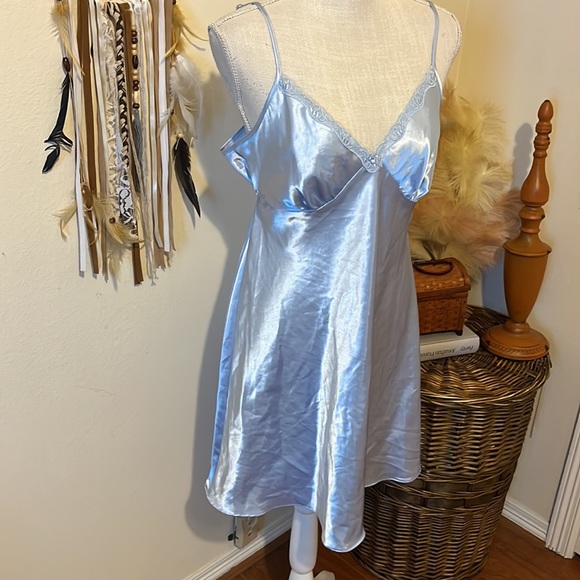 Powder Blue Satin Lingerie Slip Dress by Adonna with Tie Backside / Size Large - Picture 3 of 8